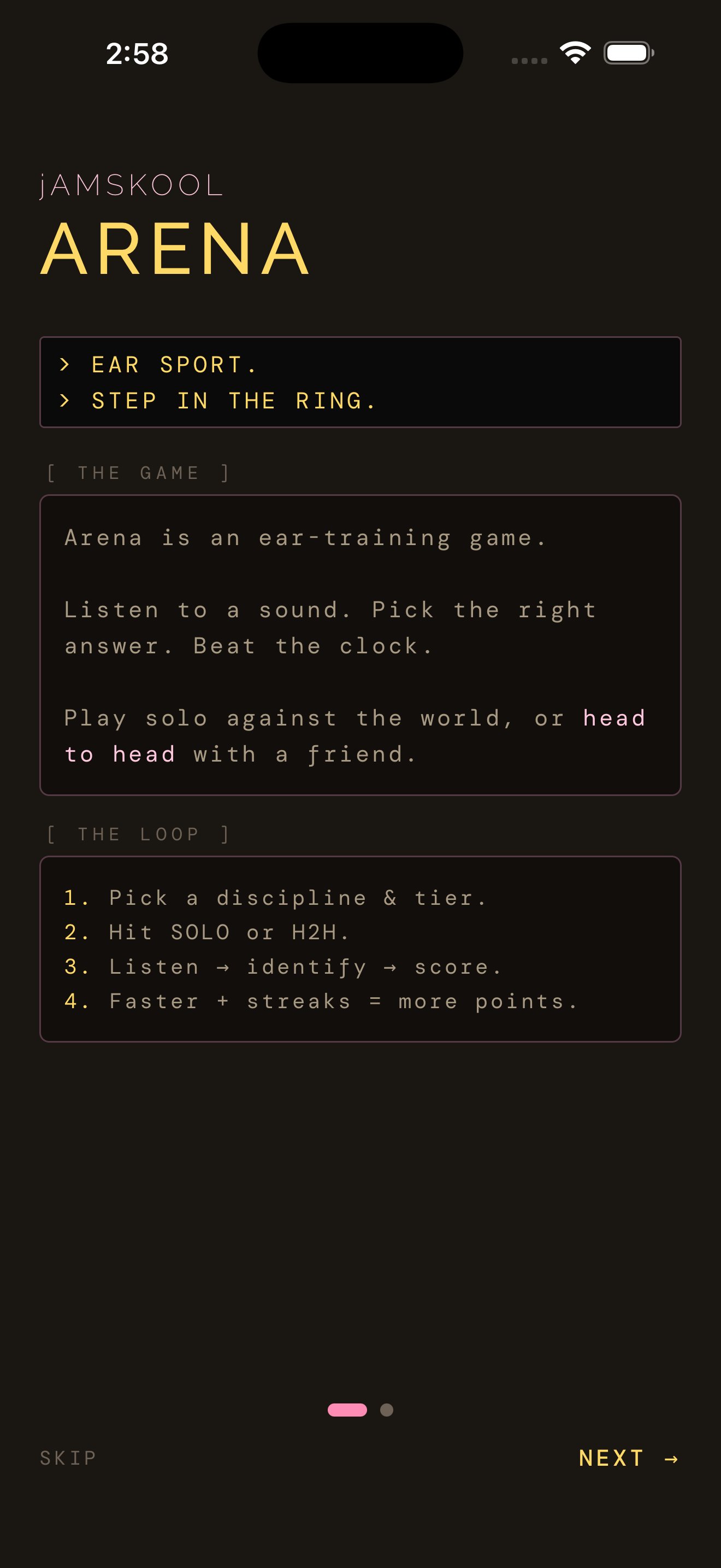 Arena intro screen — Ear sport. Step in the ring.