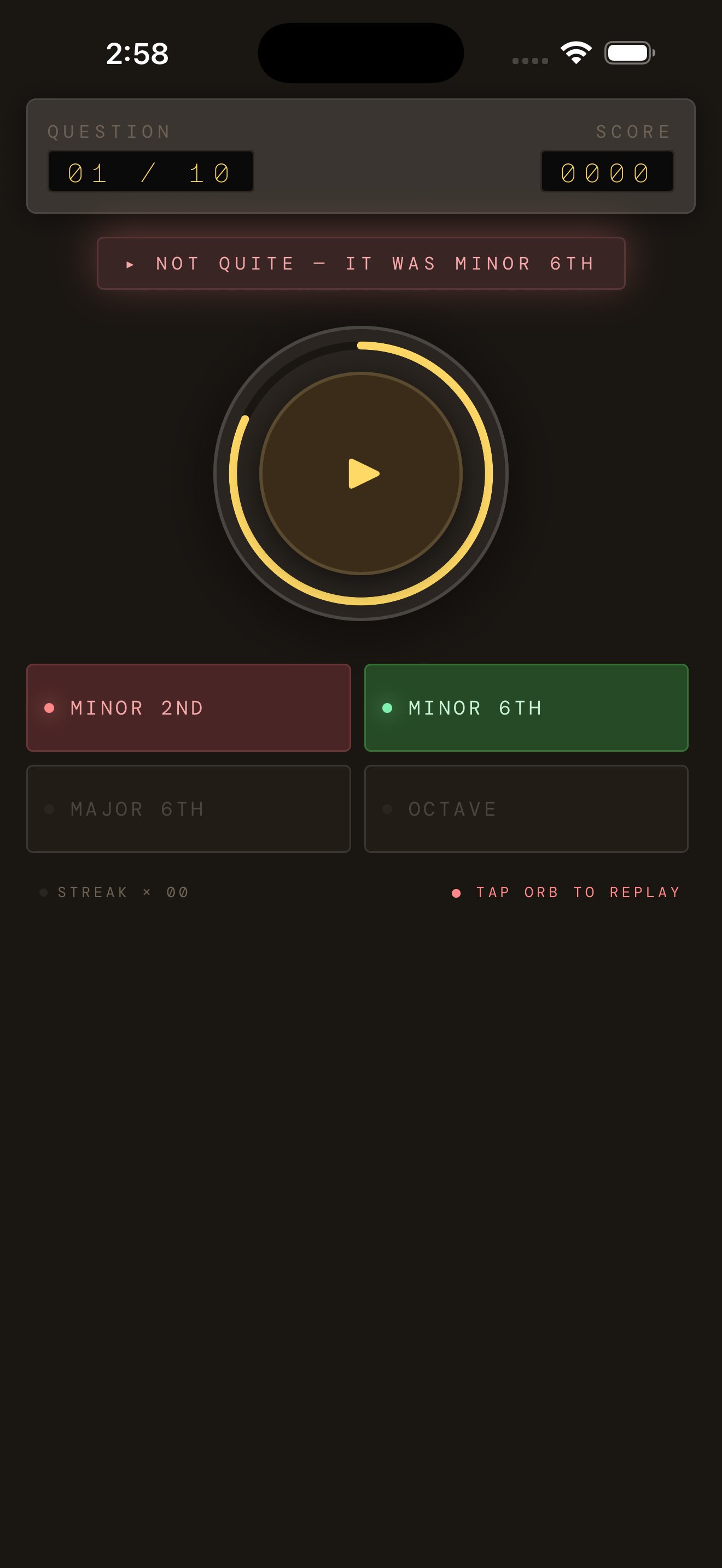 Mid-quiz with orb and four answer buttons