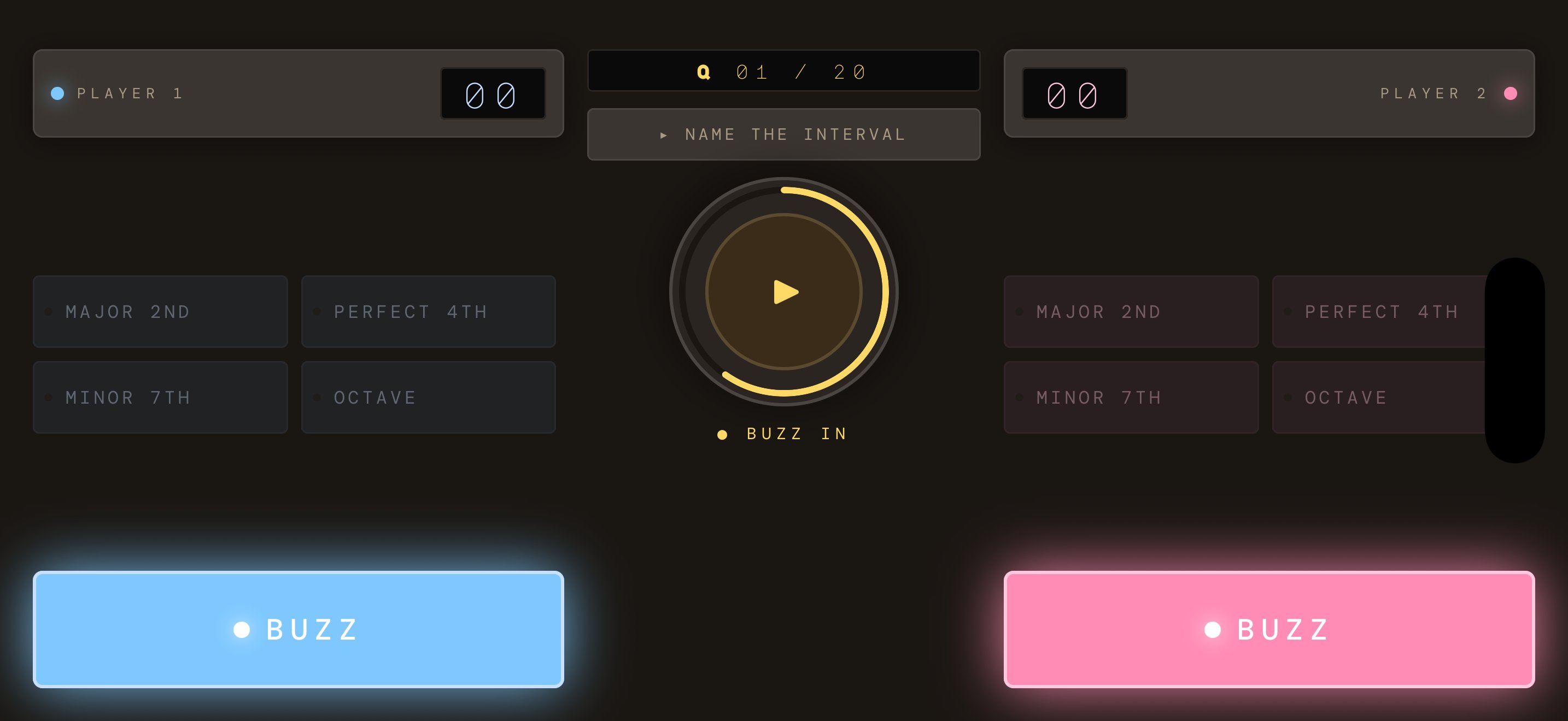 Head-to-head landscape gameplay with both player channels and buzz buttons