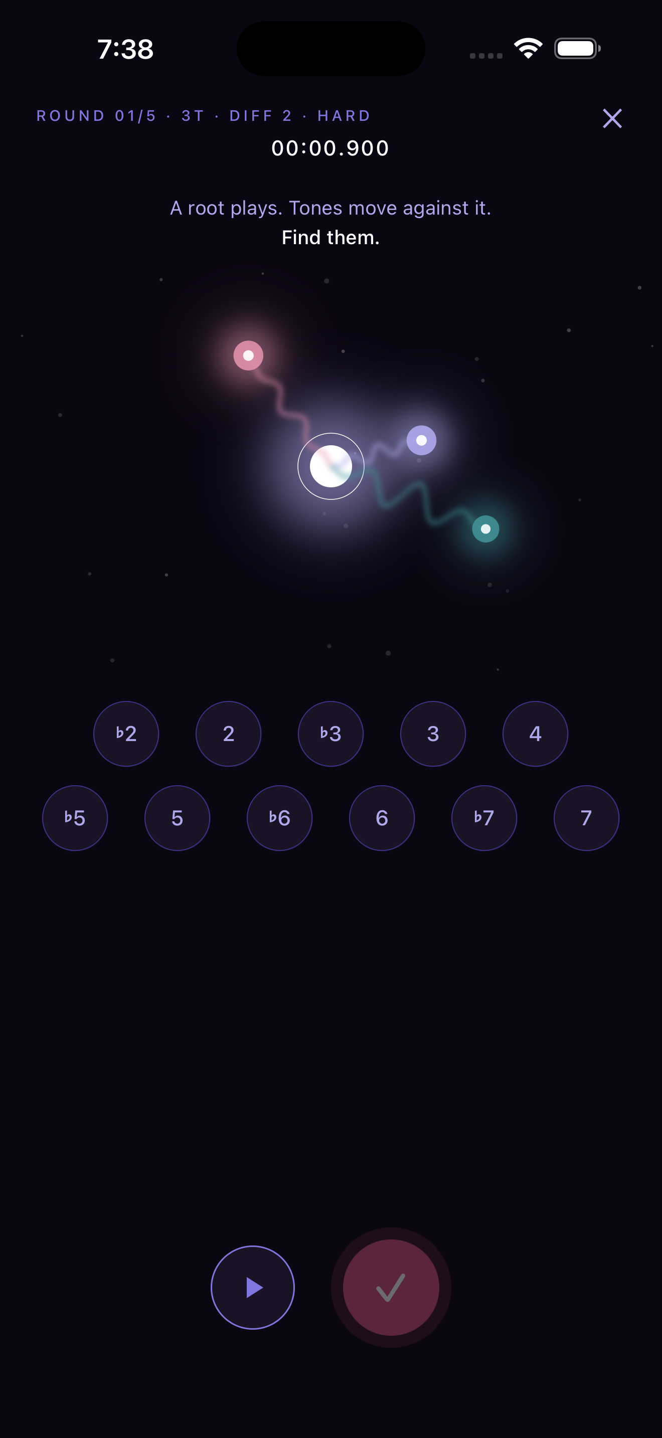 Round with three tones, violet and teal voices