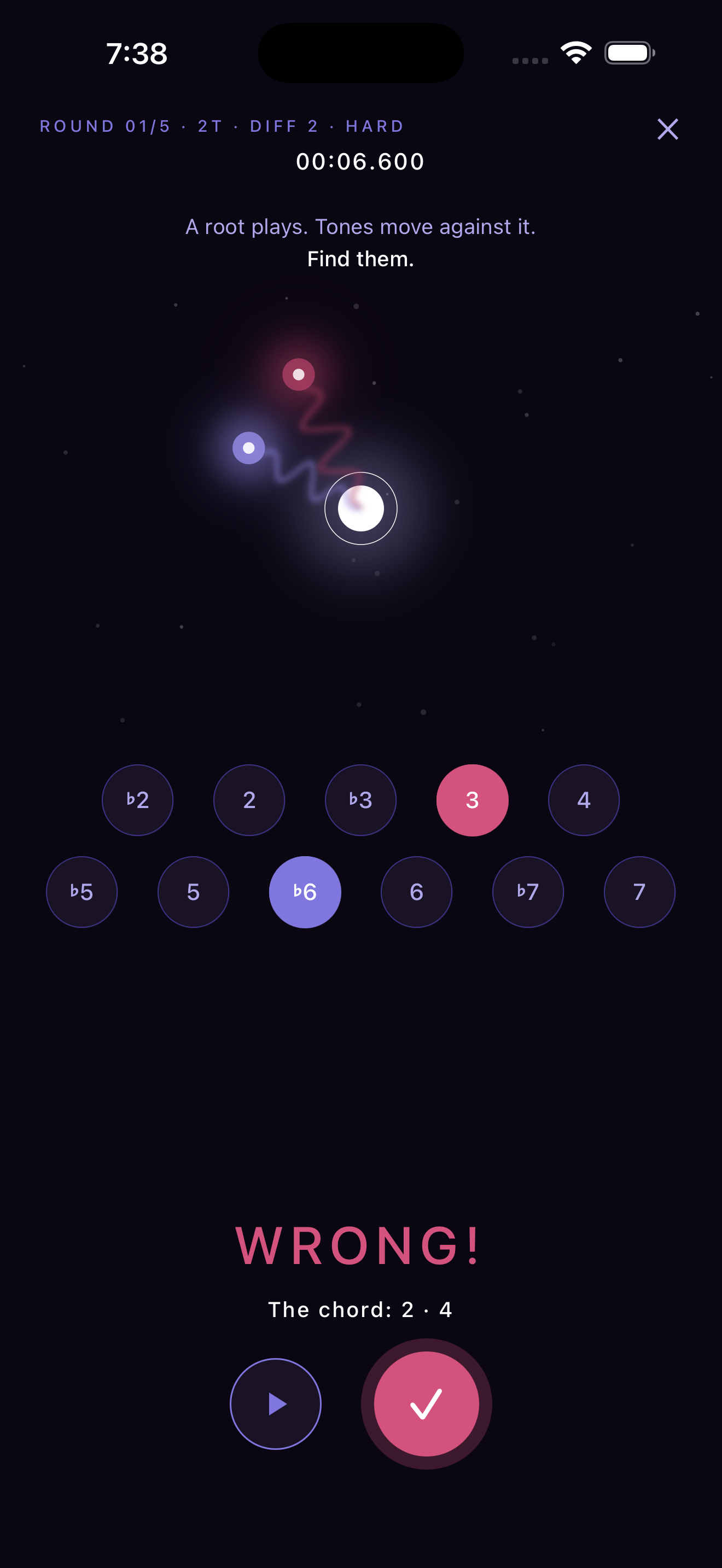 Wrong answer in soft mode showing the actual chord tones