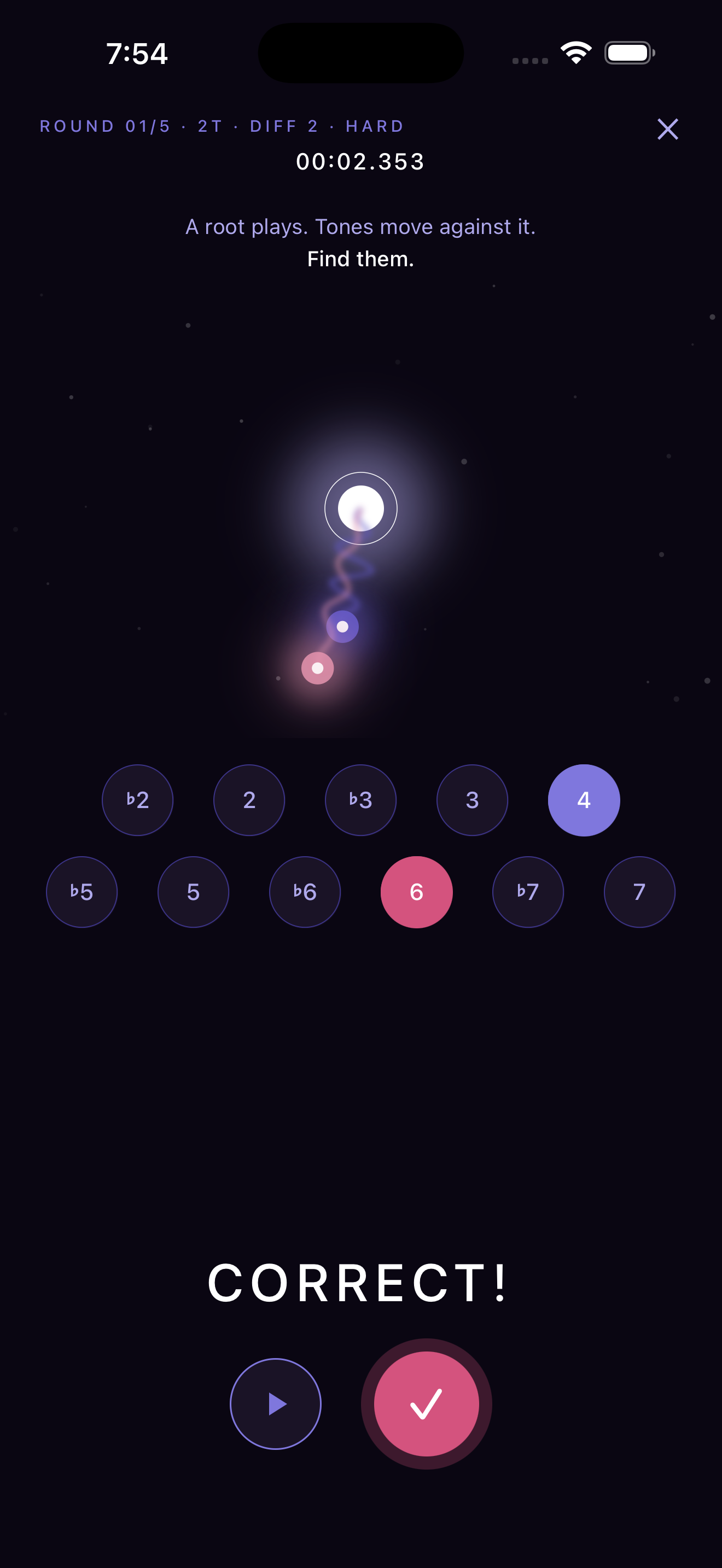 Correct answer, both tones glow violet under the root