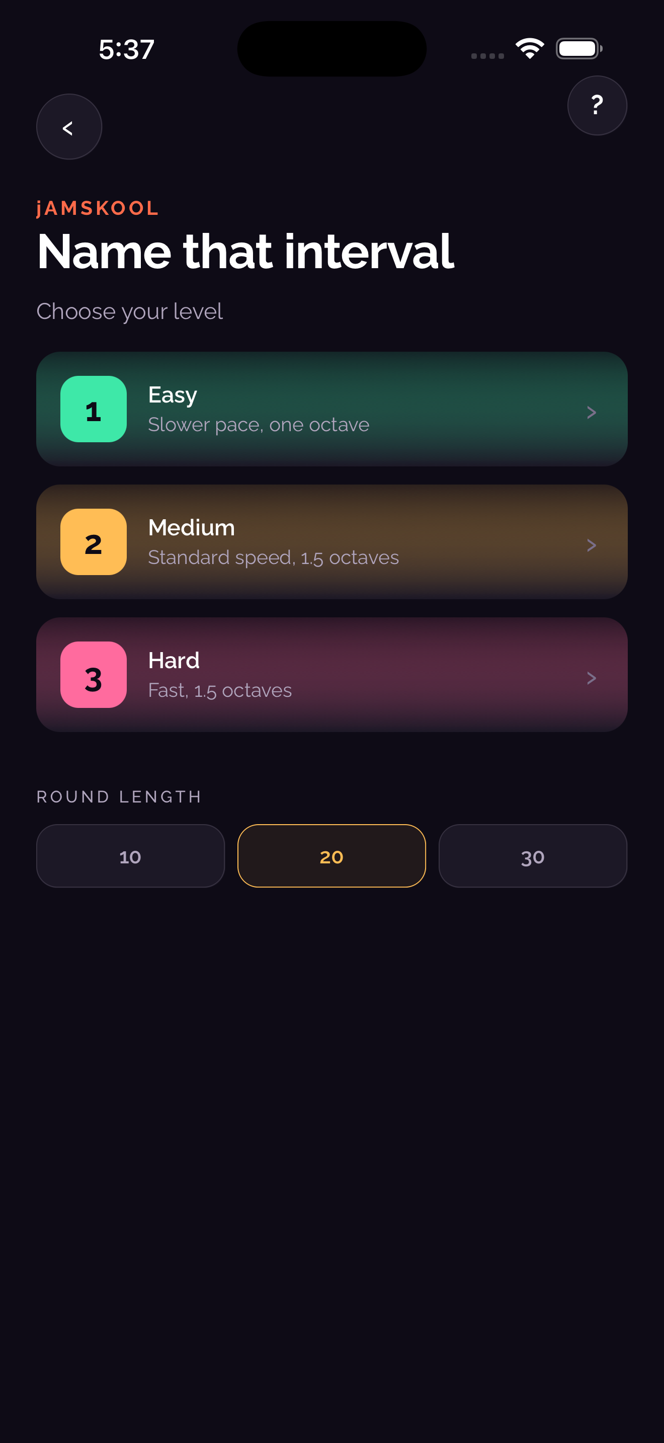 Difficulty picker with Easy, Medium, and Hard levels
