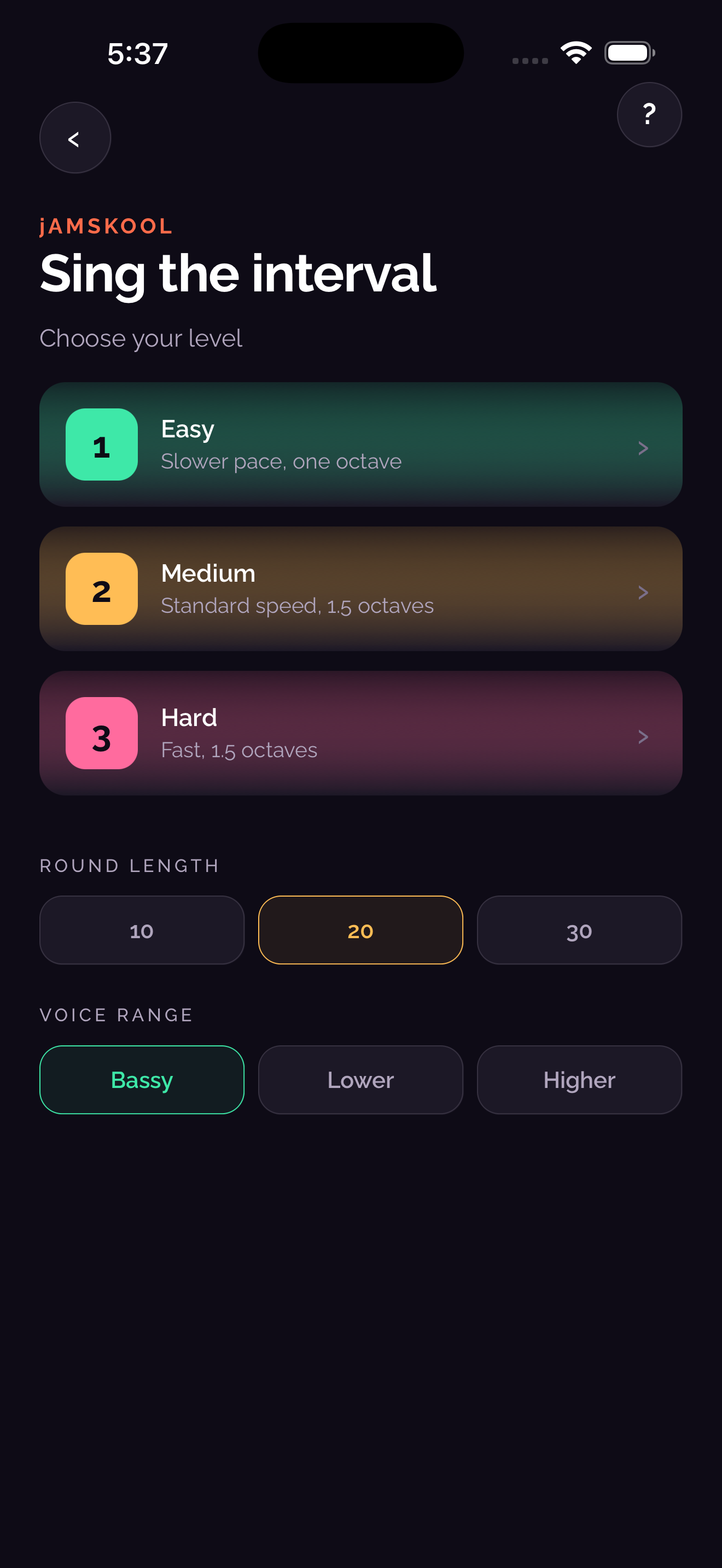 Sing Interval setup with voice range selector