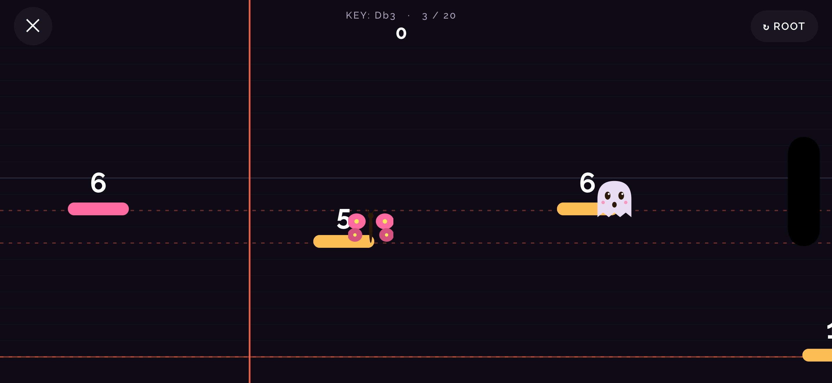 Random Notes landscape mini-game with ghost and butterfly characters