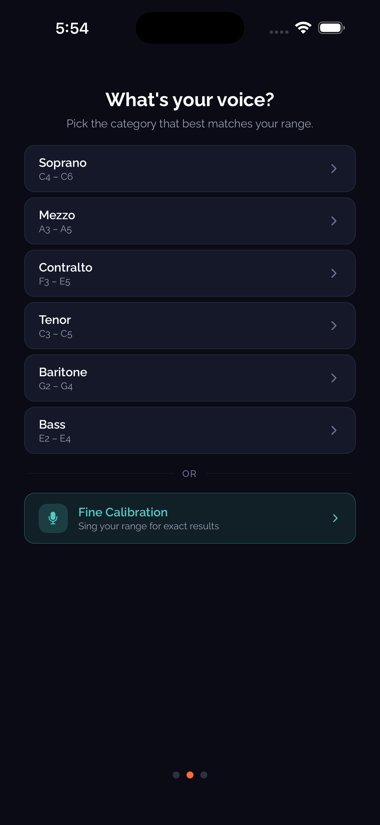 Voice calibration screen with Soprano, Mezzo, Contralto, Tenor, Baritone, Bass options