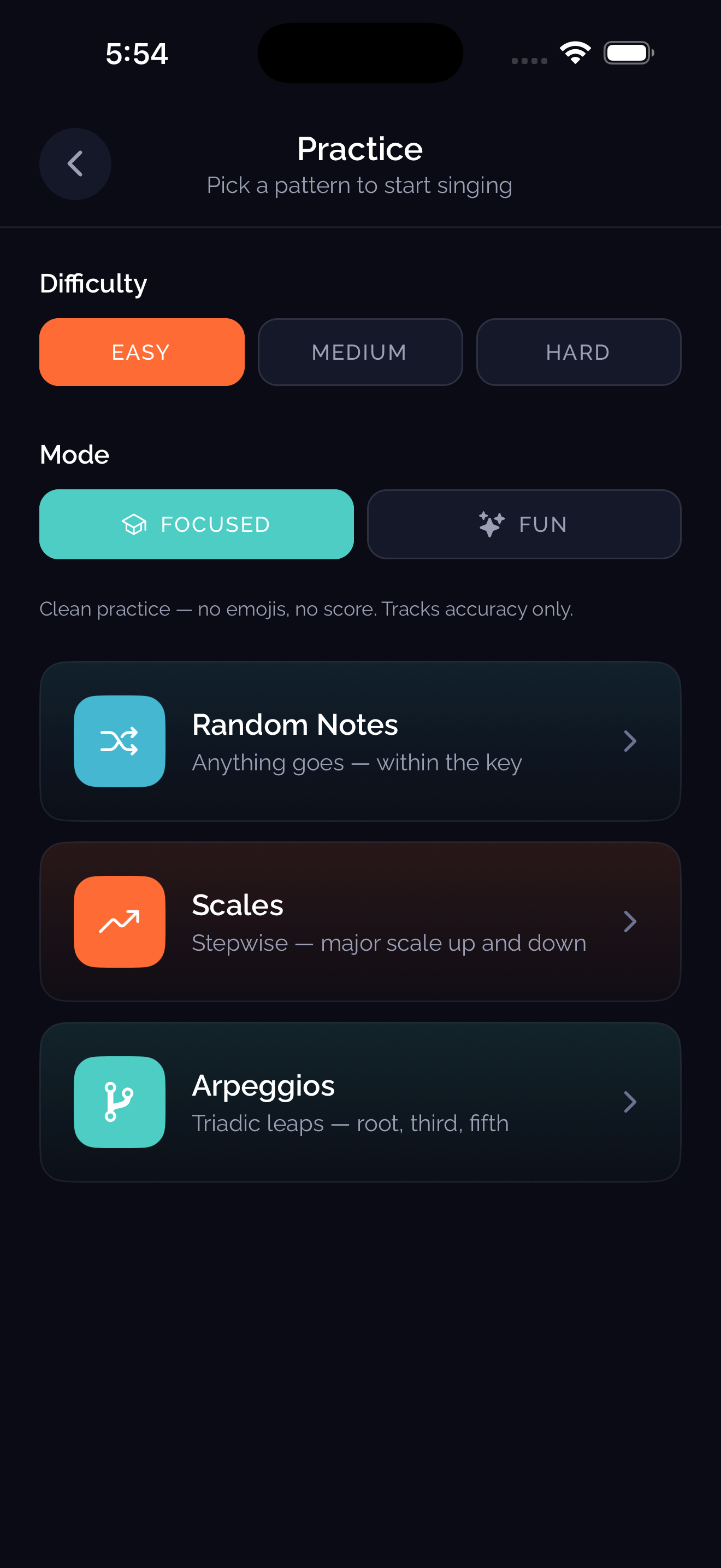 Practice menu with Random Notes, Scales, and Arpeggios