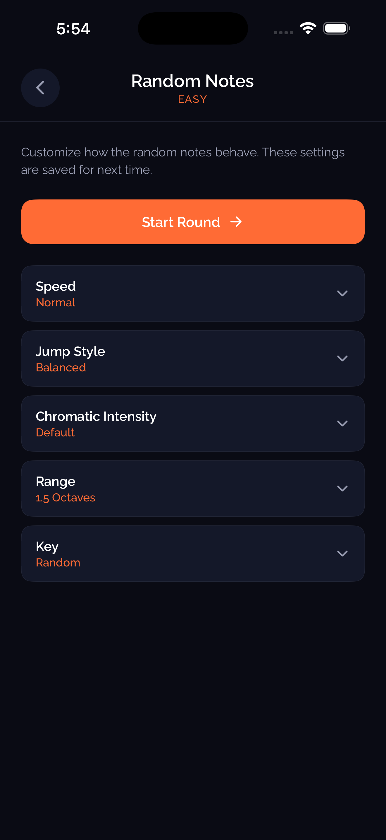 Random Notes configuration with speed, jump style, chromatic intensity, range, and key options