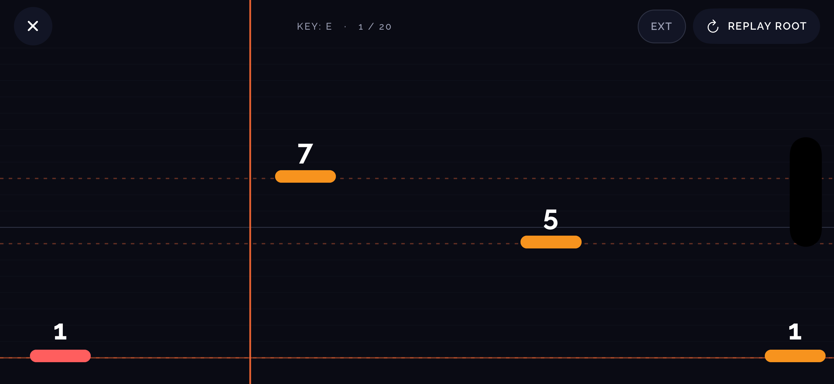 Random Notes landscape gameplay with scale degrees 1, 5, and 7 in the key of E