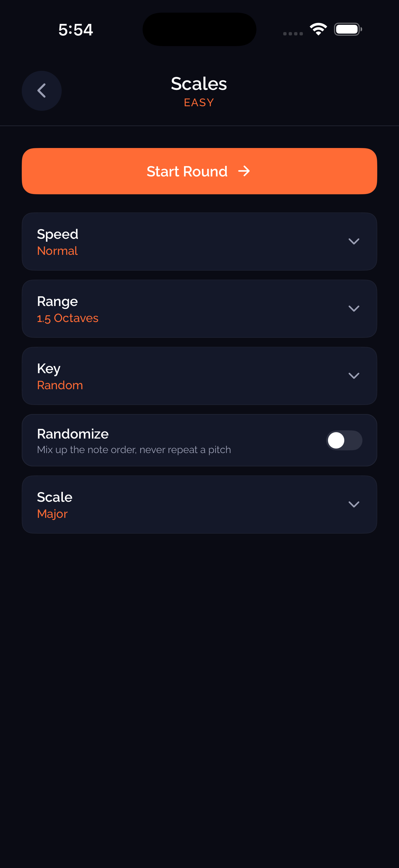 Scales configuration with speed, range, key, randomize toggle, and scale type